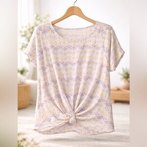 Pink Rose Purple and Yellow Floral Knot-Front Tee